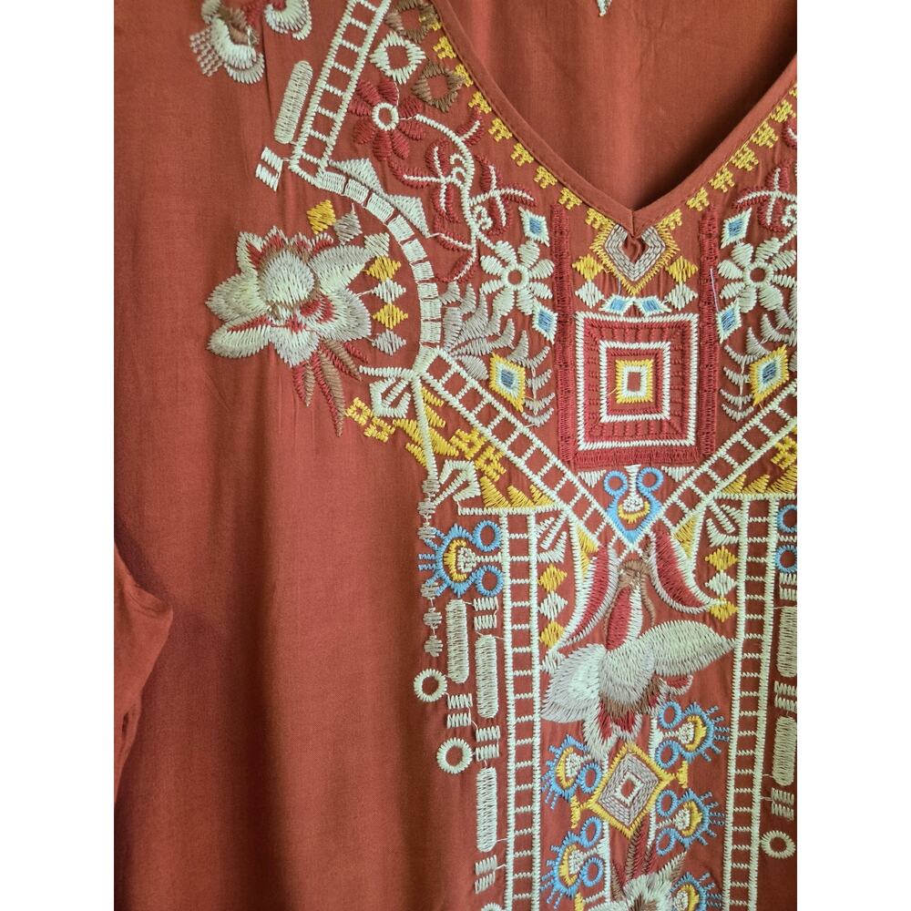 Solitaire Embroidered Boho Tunic Top Rust Orange Plus Size 2X Rayon Long Sleeve - Picture 2 of 8